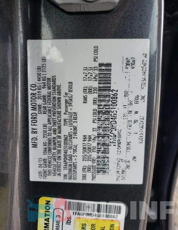 1FA6P0HD4G5100862 Photo# 13
