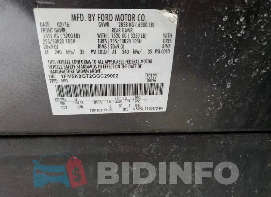1FM5K8GT2GGC29002 Photo# 13