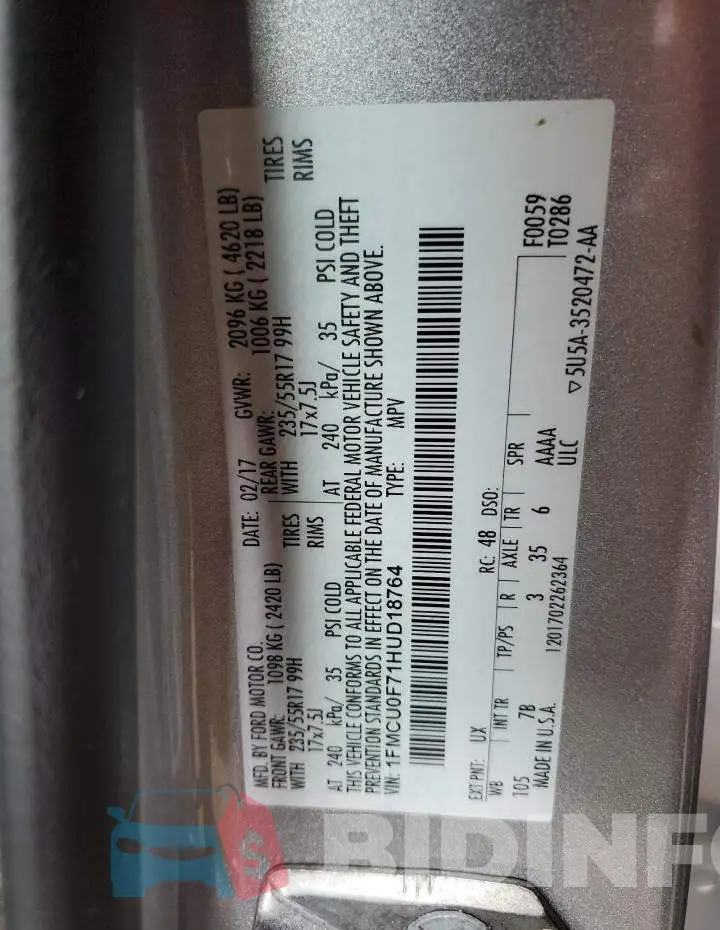 1FMCU0F71HUD18764 Photo# 12