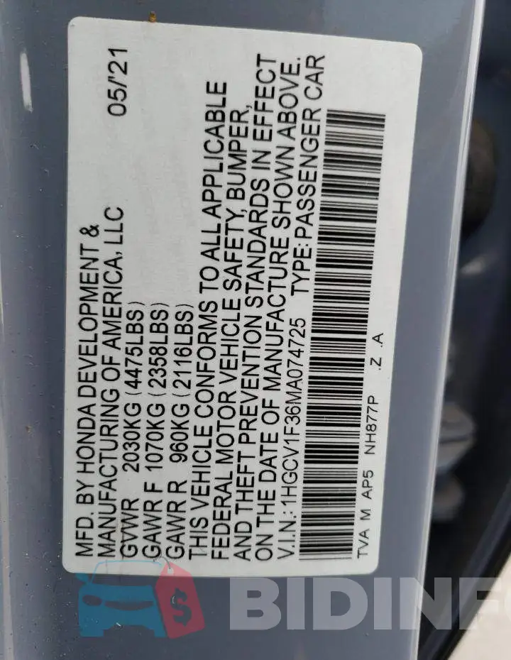 1HGCV1F36MA074725 Photo# 13
