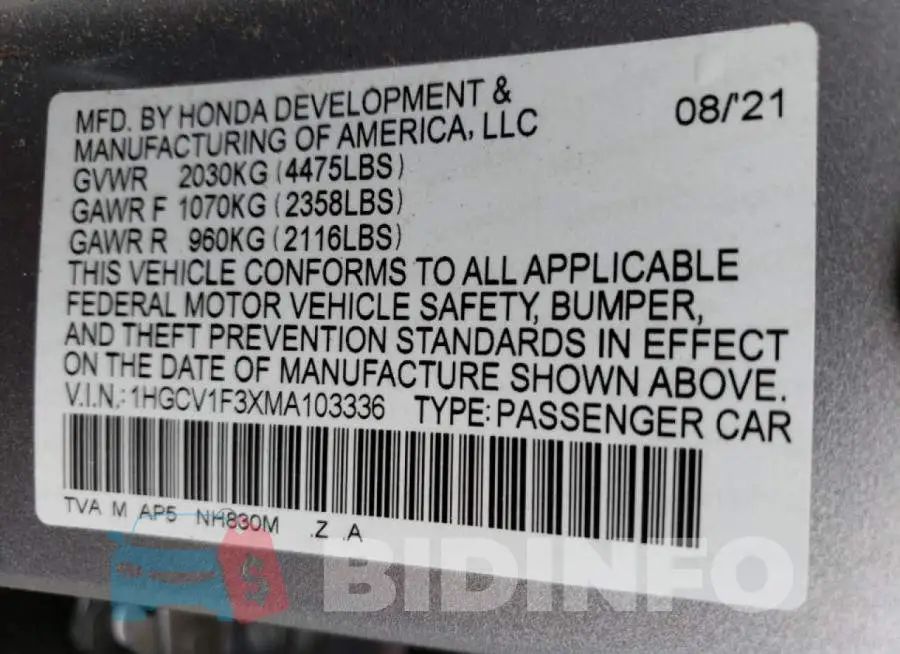1HGCV1F3XMA103336 Photo# 12