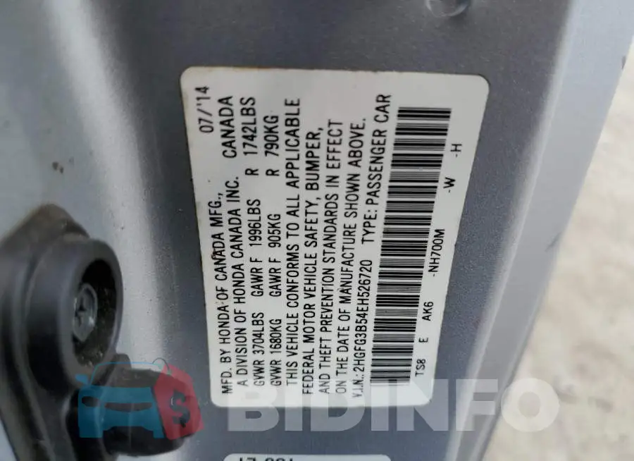 2HGFG3B54EH526720 Photo# 12