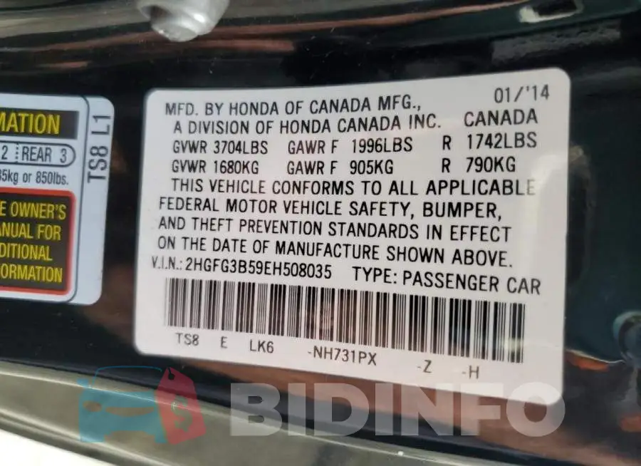 2HGFG3B59EH508035 Photo# 12