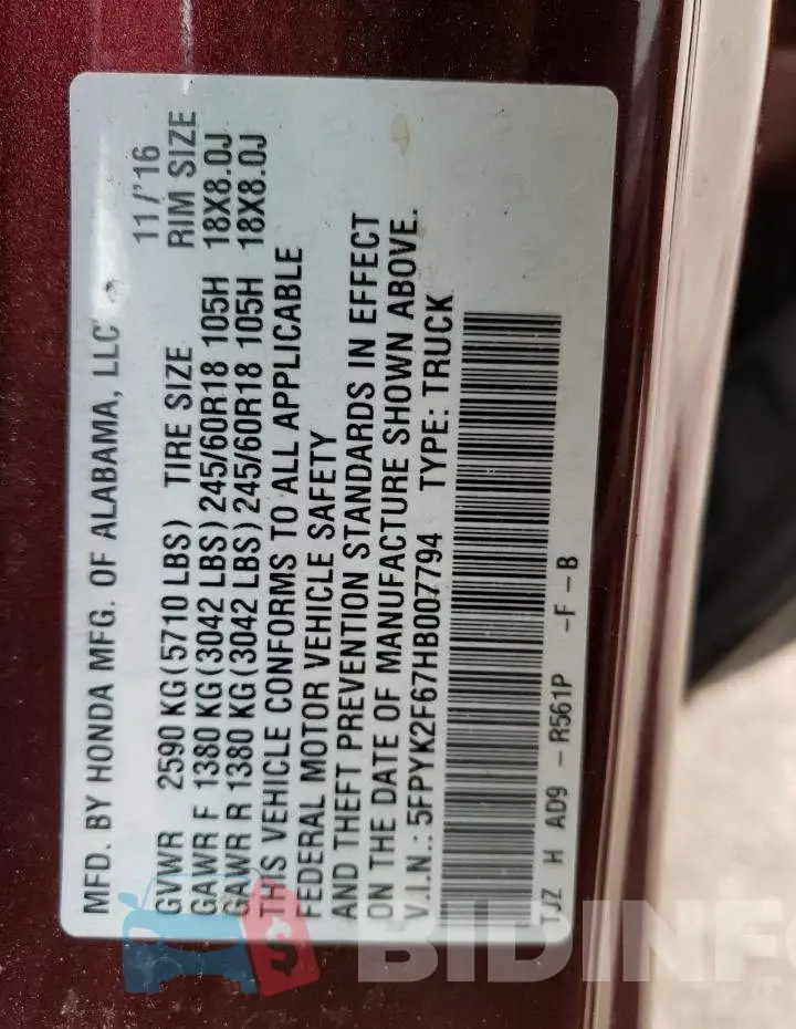 5FPYK2F67HB007794 Photo# 12