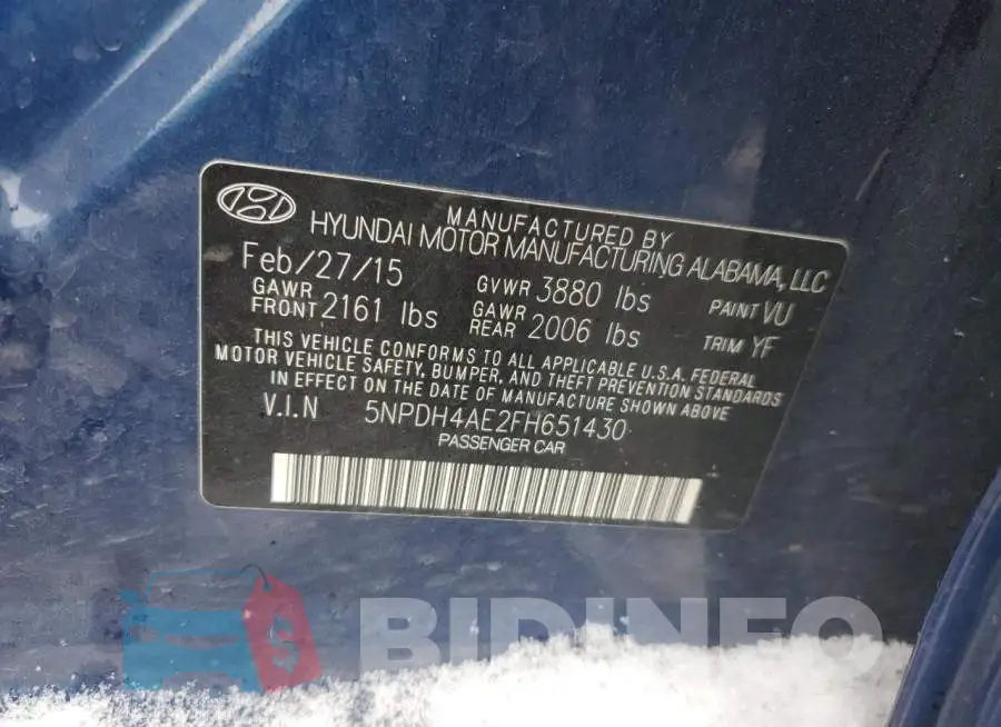 5NPDH4AE2FH651430 Photo# 12