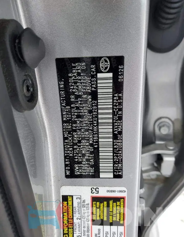 4T1B61HK4KU182912 Photo# 12