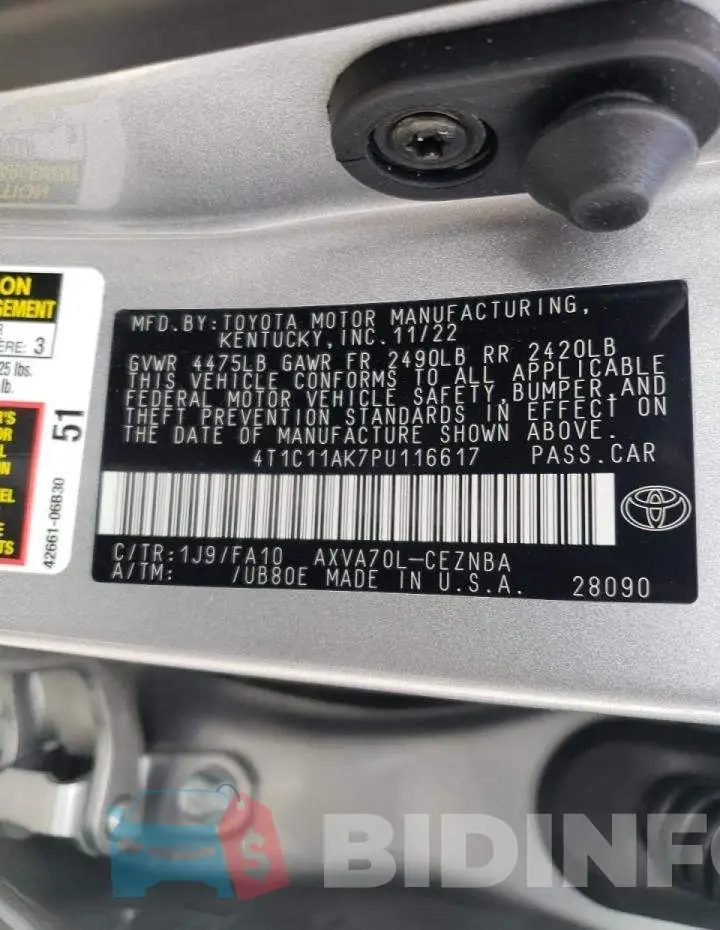 4T1C11AK7PU116617 Photo# 12