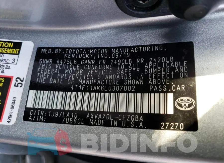 4T1F11AK6LU307002 Photo# 12