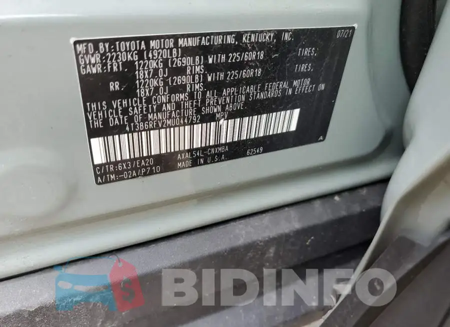 4T3B6RFV2MU044792 Photo# 12