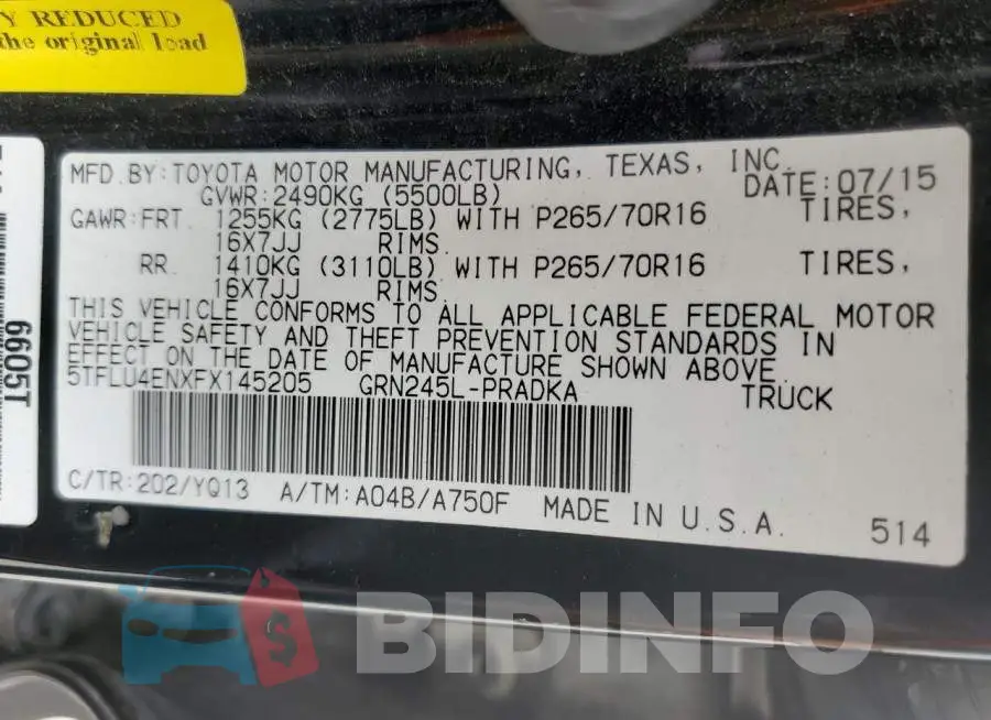5TFLU4ENXFX145205 Photo# 12