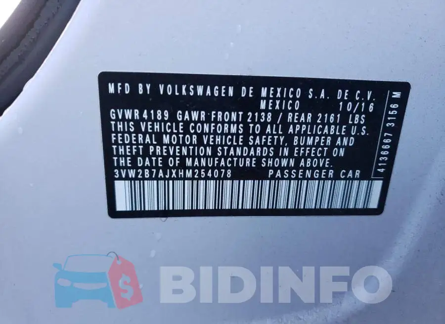3VW2B7AJXHM254078 Photo# 12