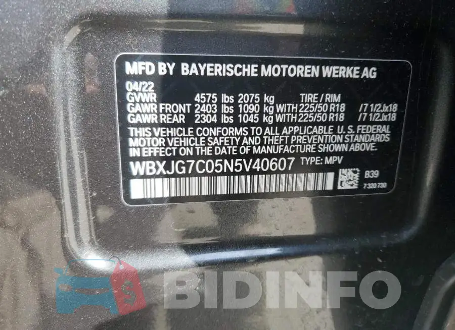 WBXJG7C05N5V40607 Photo# 12
