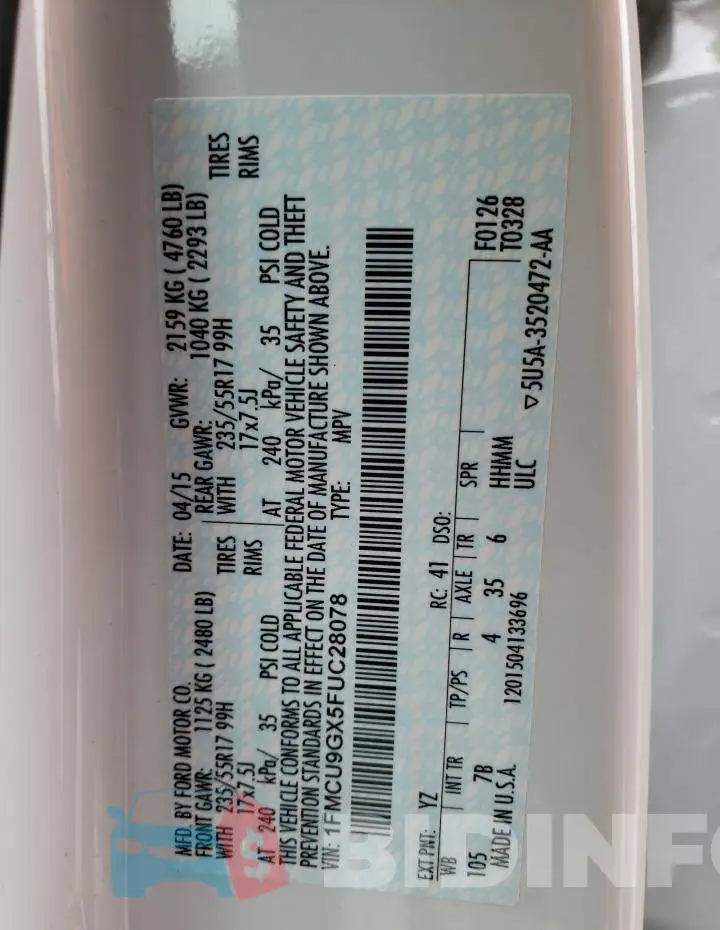 1FMCU9GX5FUC28078 Photo# 13