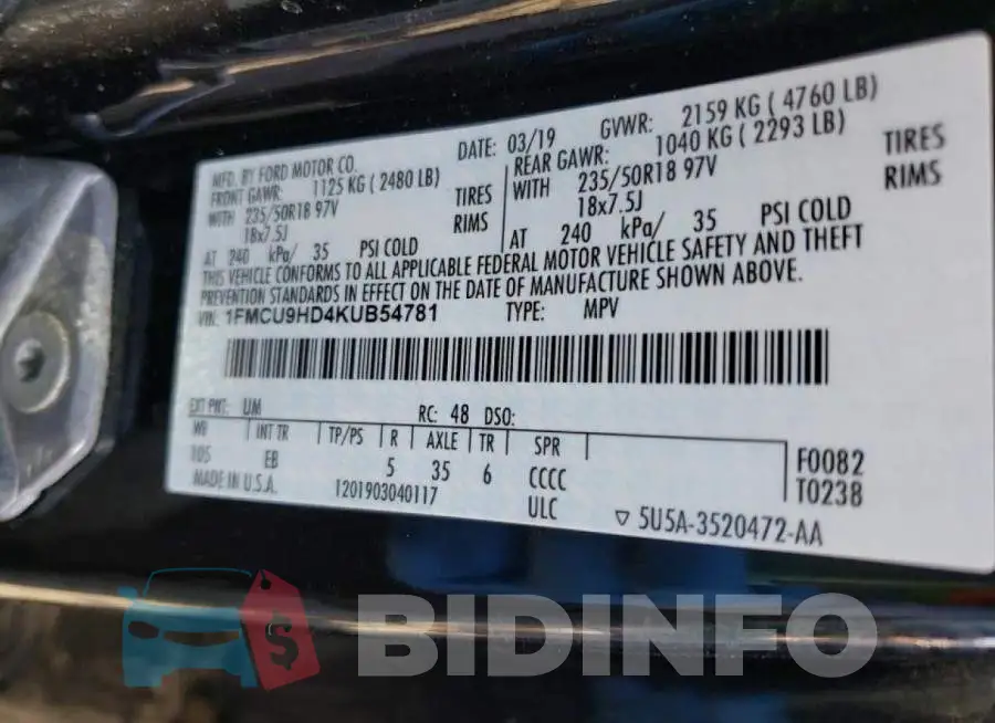 1FMCU9HD4KUB54781 Photo# 10