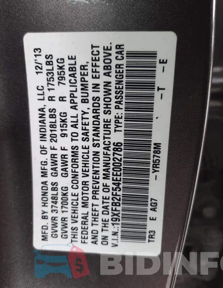 19XFB2F54EE002786 Photo# 12