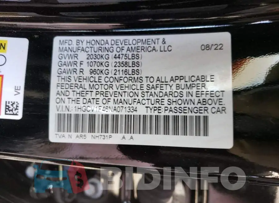 1HGCV1F46NA071334 Photo# 12