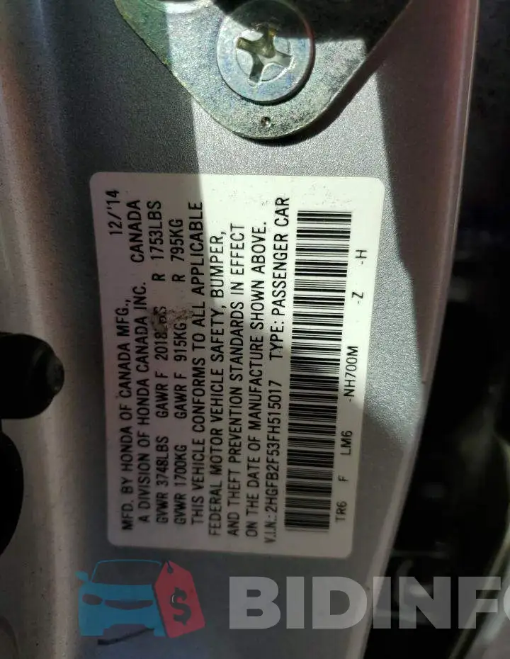 2HGFB2F53FH515017 Photo# 12