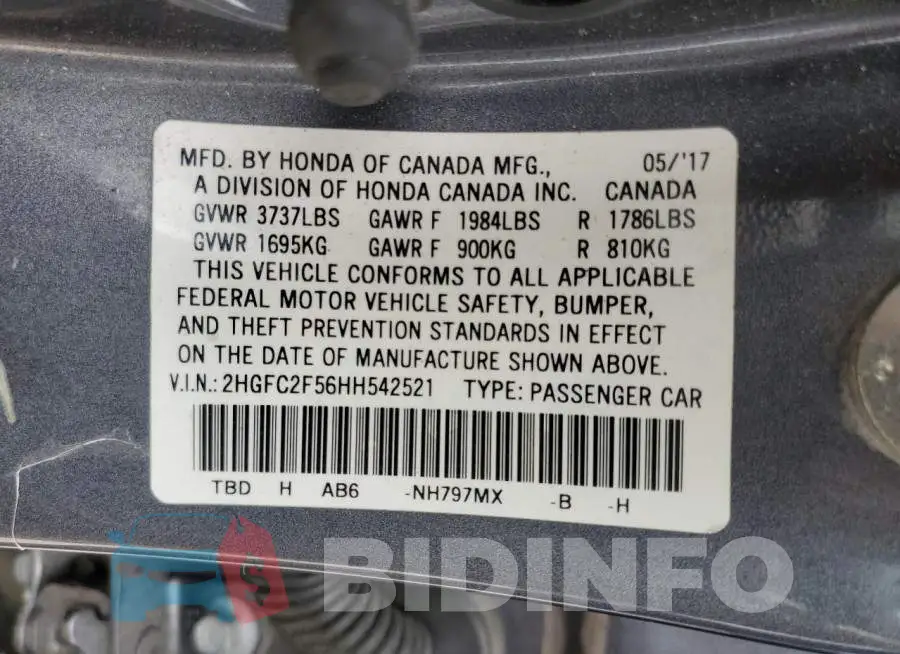 2HGFC2F56HH542521 Photo# 13