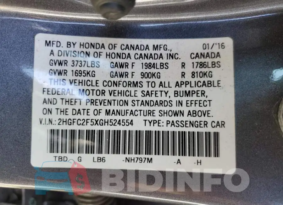 2HGFC2F5XGH524554 Photo# 12