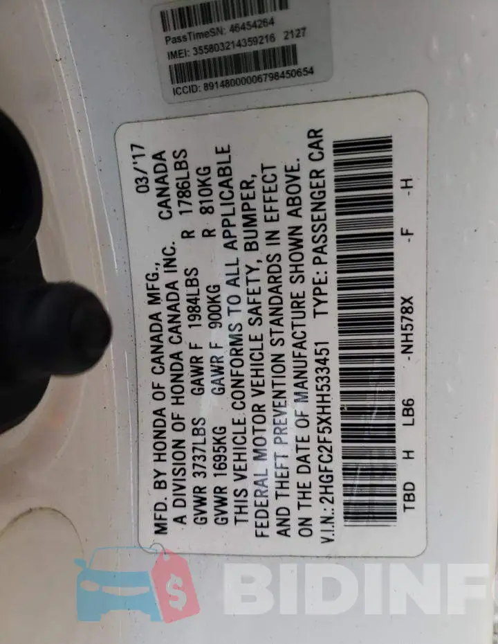 2HGFC2F5XHH533451 Photo# 12