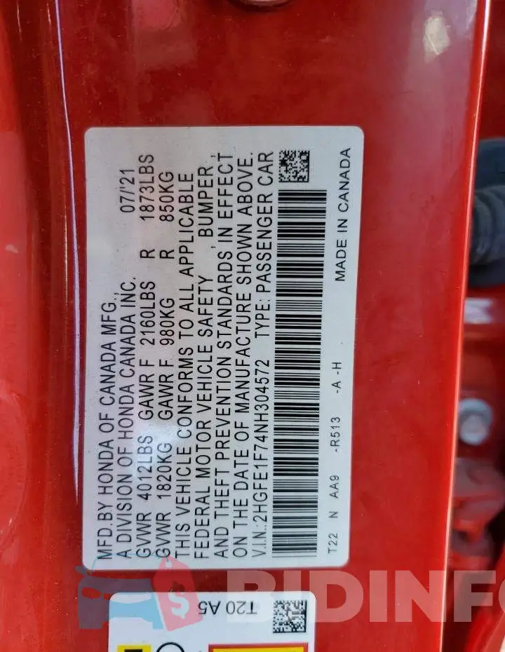 2HGFE1F74NH304572 Photo# 13