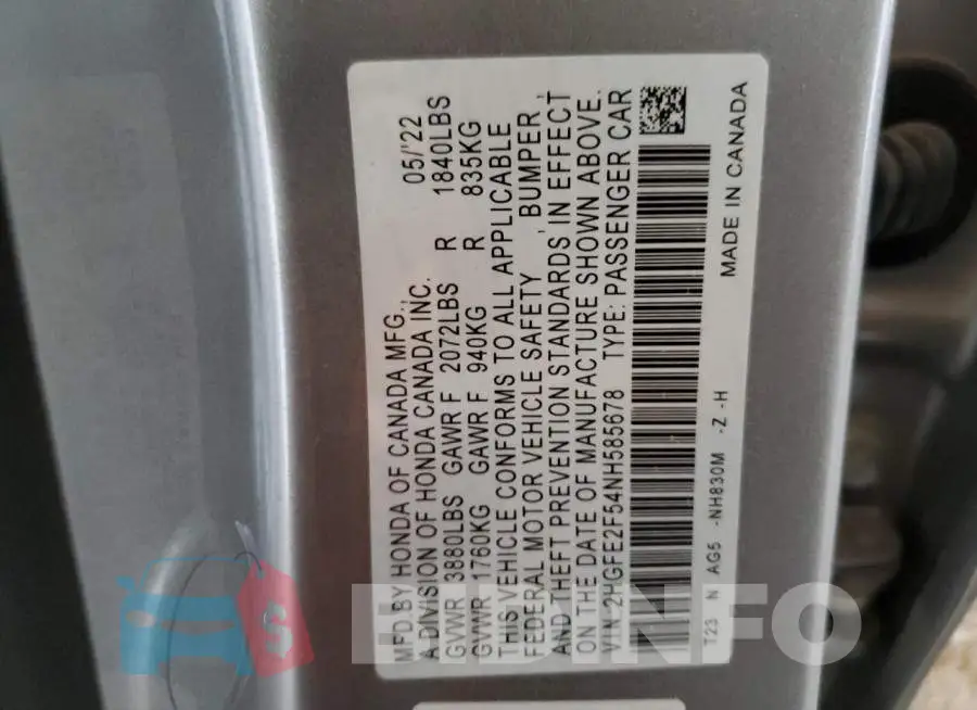 2HGFE2F54NH585678 Photo# 12