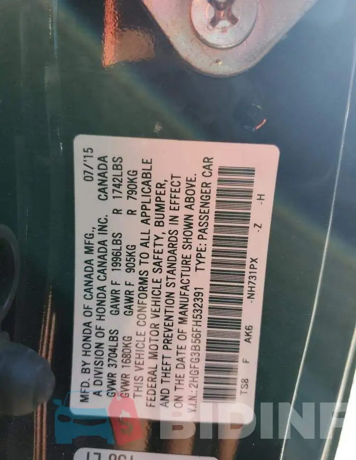 2HGFG3B56FH532391 Photo# 12