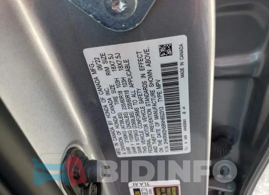 2HKRW2H58NH652313 Photo# 13
