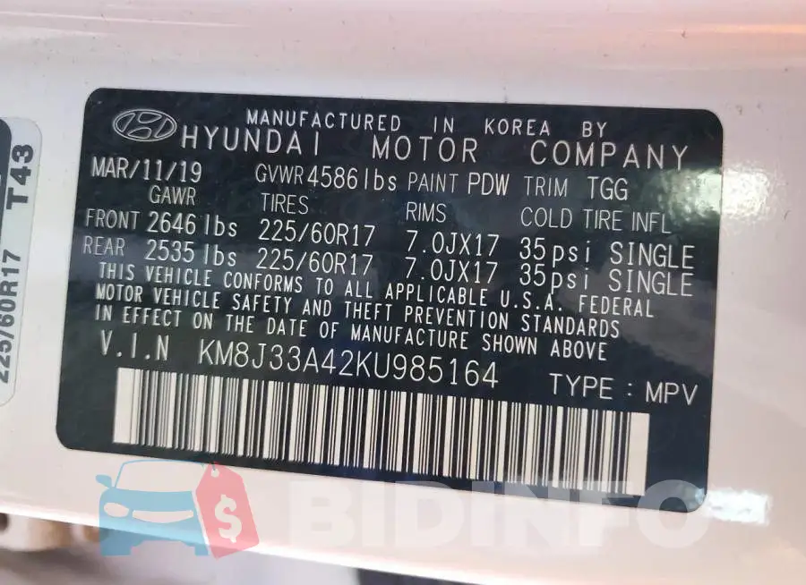 KM8J33A42KU985164 Photo# 13