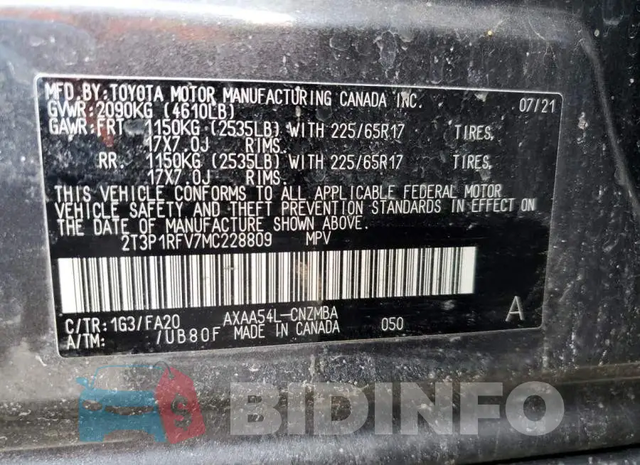 2T3P1RFV7MC228809 Photo# 13
