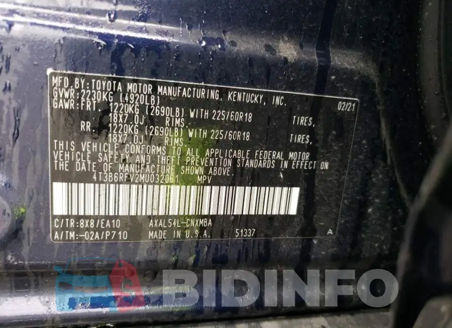 4T3B6RFV2MU032061 Photo# 13
