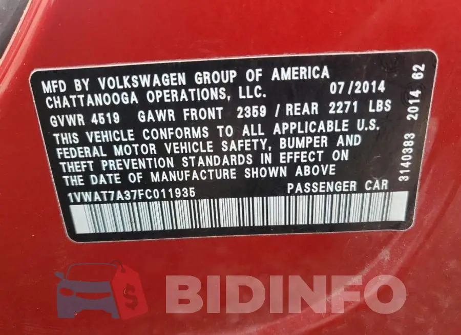 1VWAT7A37FC011935 Photo# 12