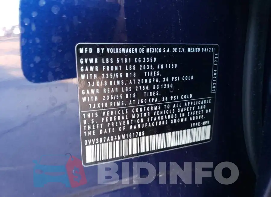 3VV3B7AX4NM161789 Photo# 12
