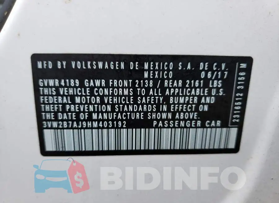 3VW2B7AJ9HM403192 Photo# 10