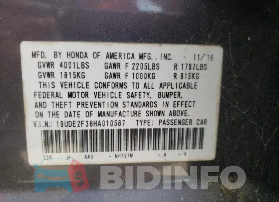 19UDE2F38HA010587 Photo# 12