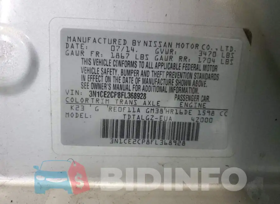 3N1CE2CP8FL368928 Photo# 12