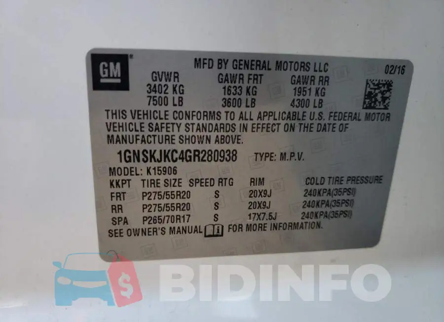1GNSKJKC4GR280938 Photo# 13
