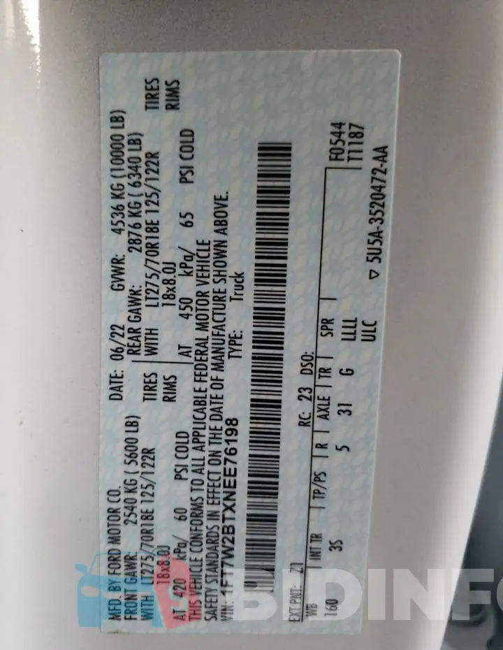 1FT7W2BTXNEE76198 Photo# 13