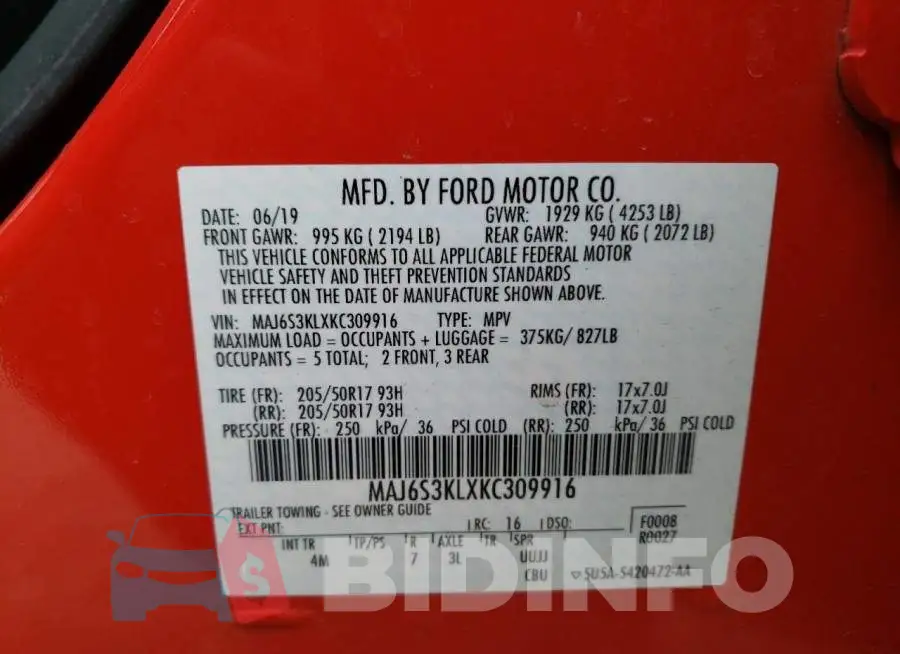 MAJ6S3KLXKC309916 Photo# 12