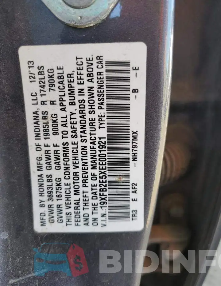 19XFB2E5XEE001921 Photo# 12