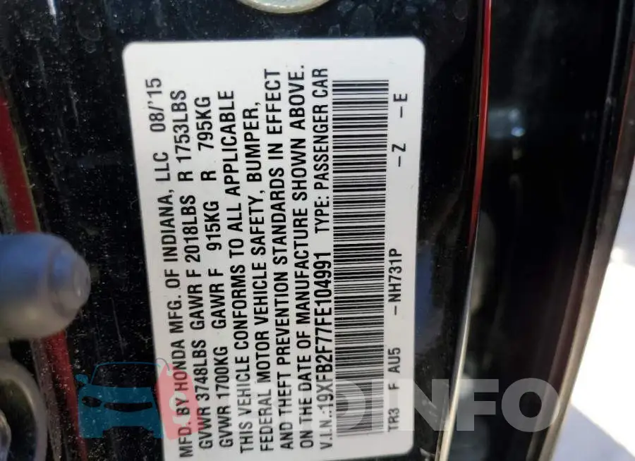19XFB2F77FE104991 Photo# 12