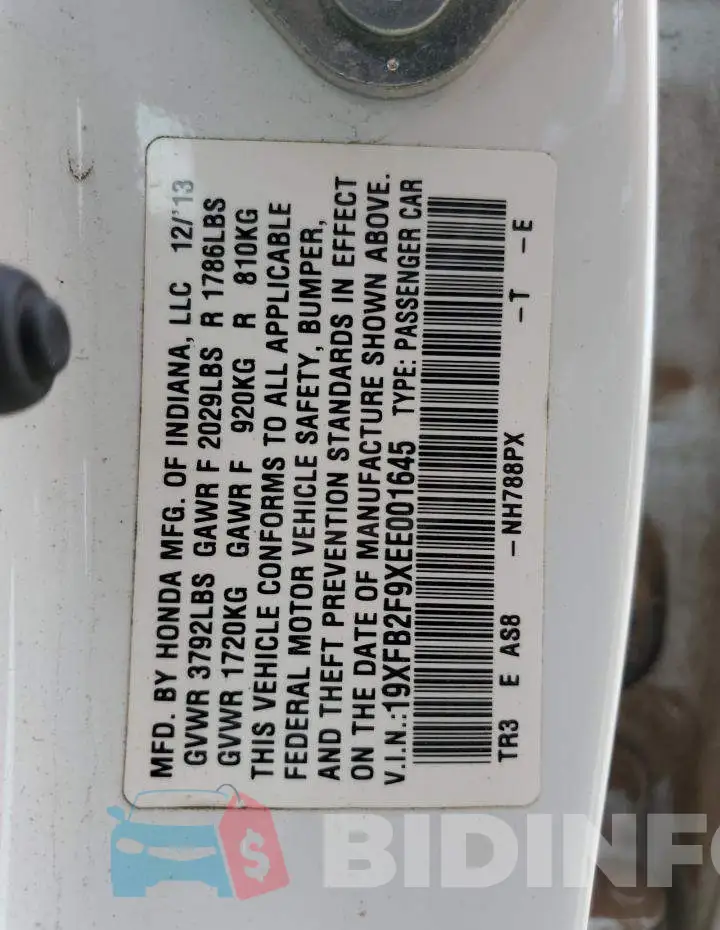 19XFB2F9XEE001645 Photo# 12