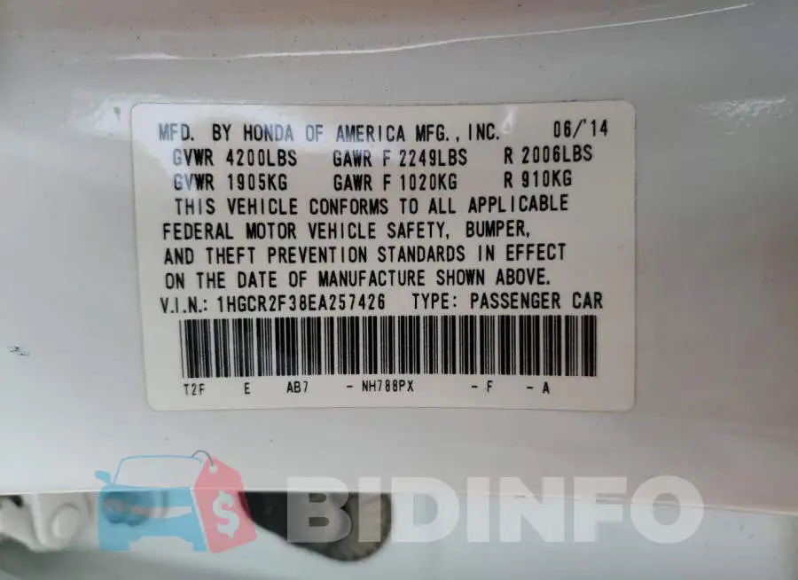 1HGCR2F38EA257426 Photo# 12