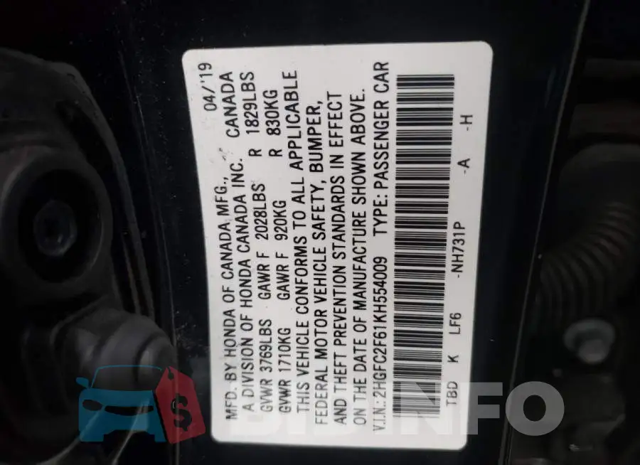 2HGFC2F61KH554009 Photo# 12