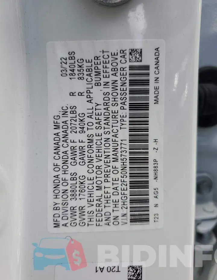 2HGFE2F50NH573771 Photo# 12