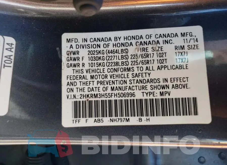 2HKRM3H55FH506996 Photo# 13