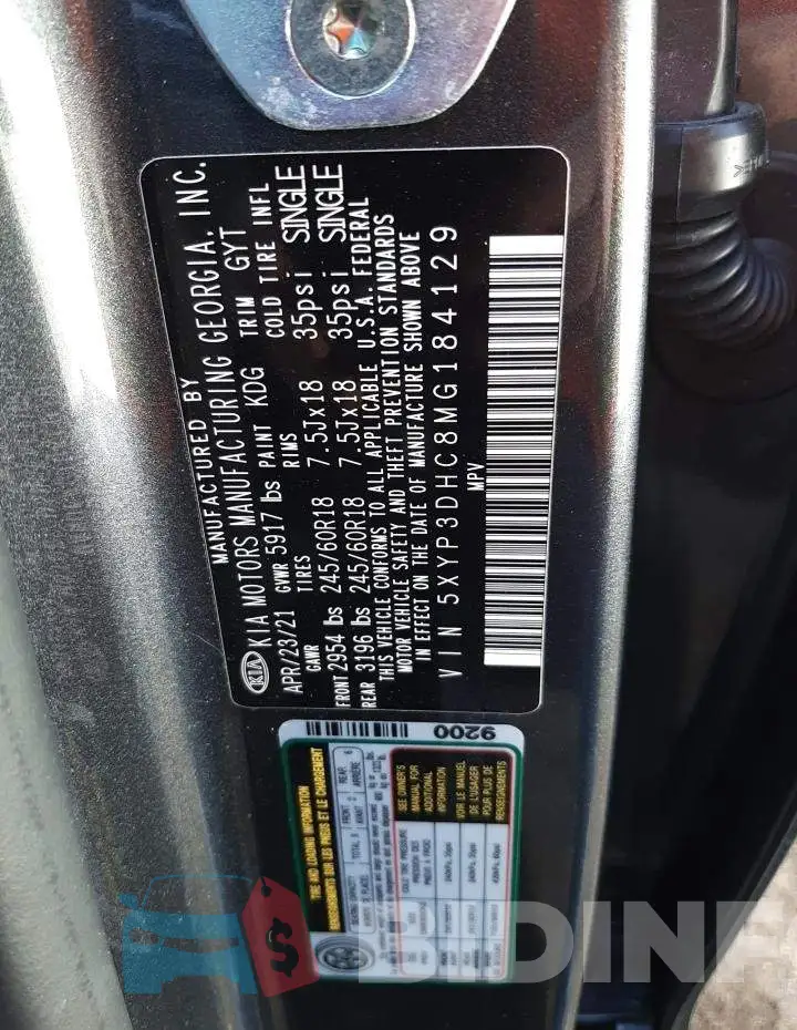 5XYP3DHC8MG184129 Photo# 13