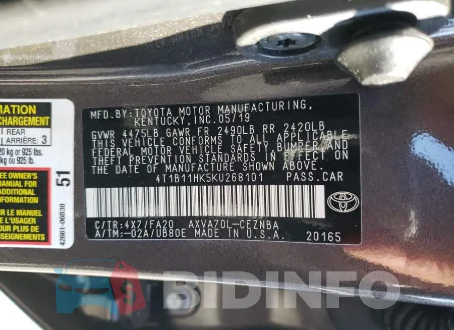 4T1B11HK5KU268101 Photo# 13