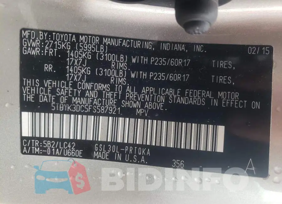 5TDYK3DC5FS587921 Photo# 13