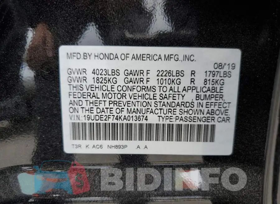 19UDE2F74KA013674 Photo# 12